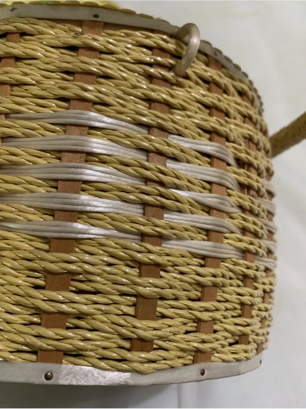 Vintage Round Woven Wicker Sewing Basket Box Japan Floral Quilted Cushion Lid